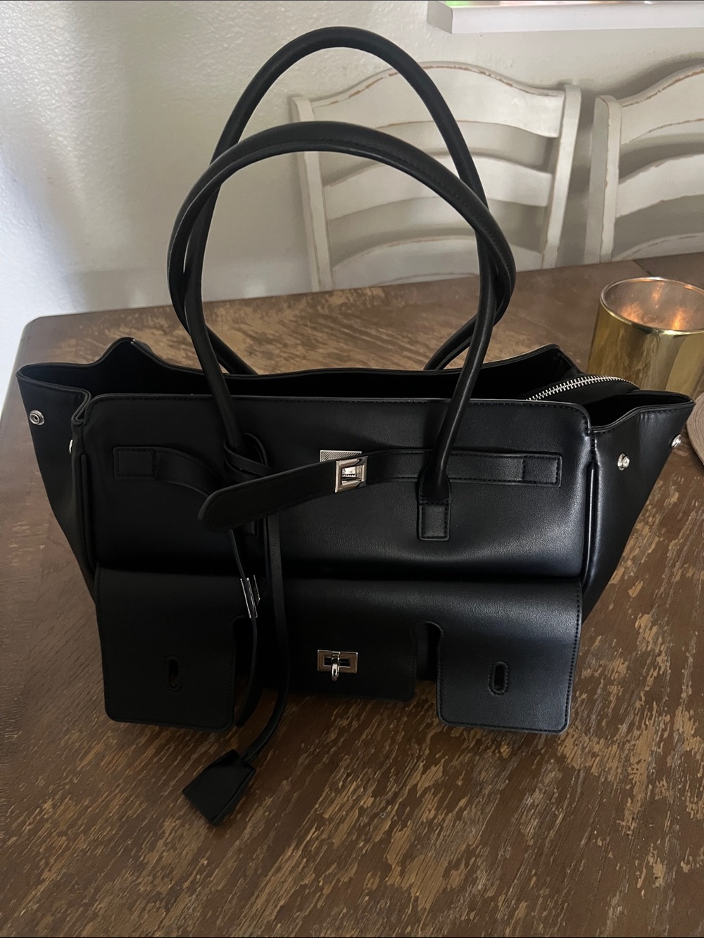 Classic Black Leather Tote Bag - Women's Handbag